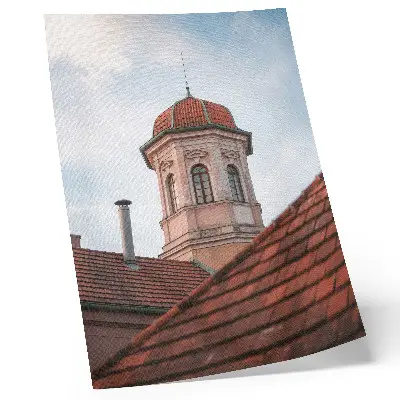 Art print featuring a rustic tower with brick roof tiles under a blue sky
