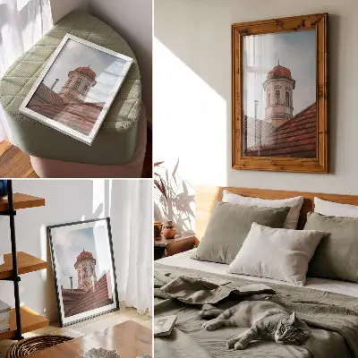 Art print featuring a rustic tower with brick roof tiles under a blue sky