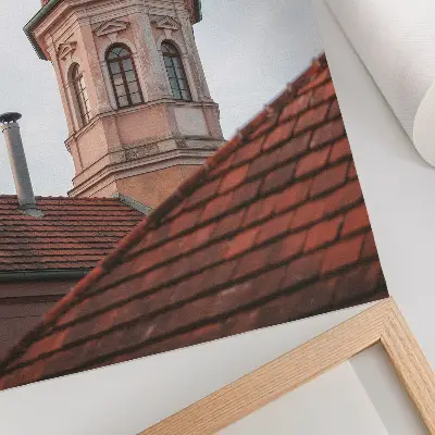 Art print featuring a rustic tower with brick roof tiles under a blue sky