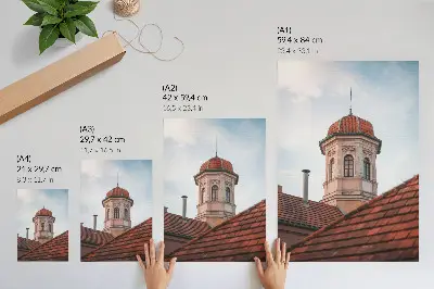 Art print featuring a rustic tower with brick roof tiles under a blue sky