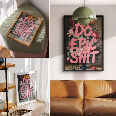 Premium wall art colorful flowers with pink lettering and vivid contrast
