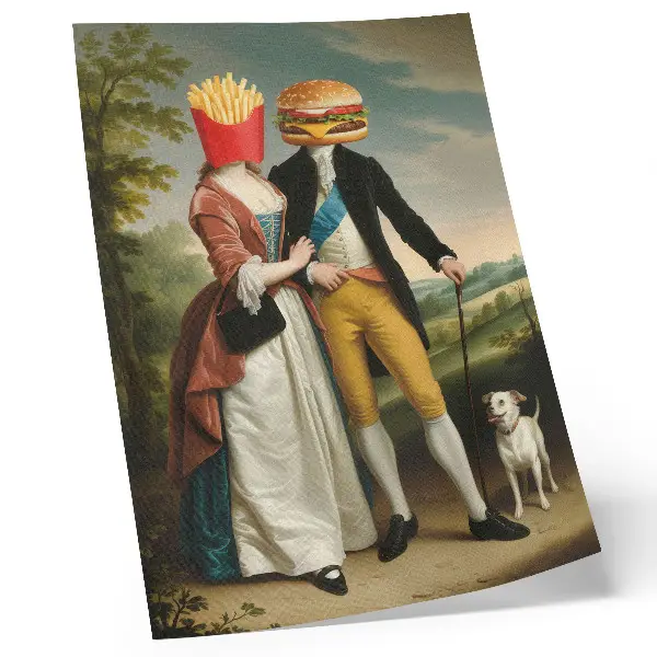 Art print surreal scene featuring humorous heads with fries and hamburger