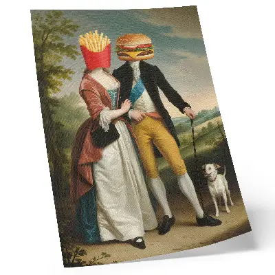 Art print surreal scene featuring humorous heads with fries and hamburger