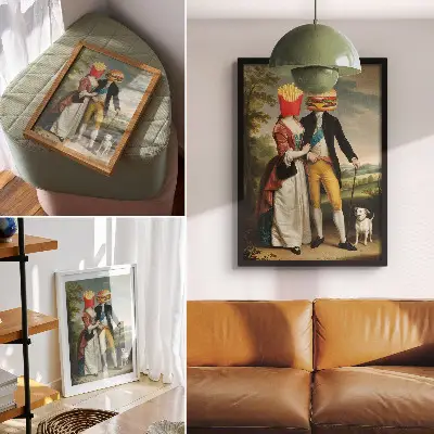 Art print surreal scene featuring humorous heads with fries and hamburger
