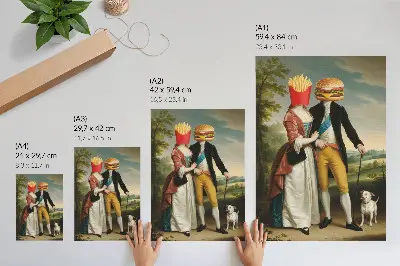 Art print surreal scene featuring humorous heads with fries and hamburger