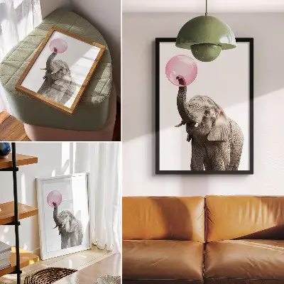 Premium wall art modern elephant with a bubble capturing gentleness and humor