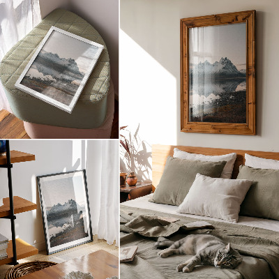 Decorative poster Mountain view, mirror reflection, calm water