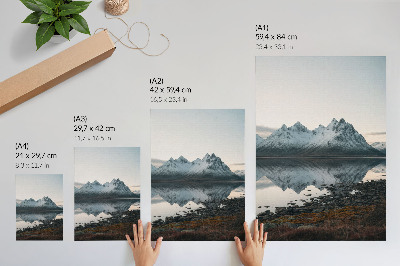 Decorative poster Mountain view, mirror reflection, calm water