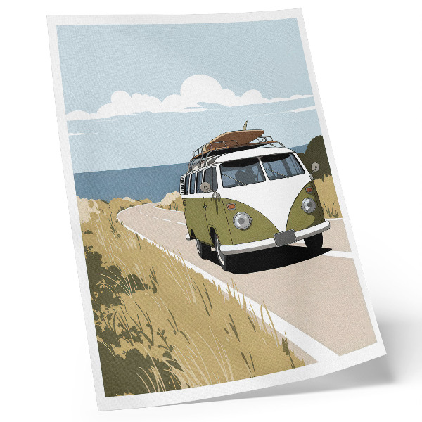 Poster Retro-style van on the seaside road