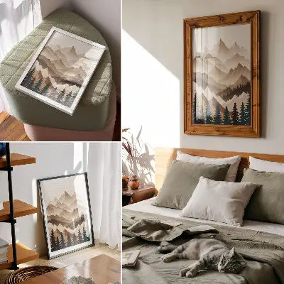 Art print mountains and trees harmony of nature in calm shades