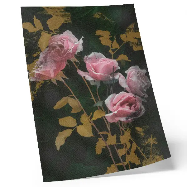 Poster pink roses with green leaves and gold accents
