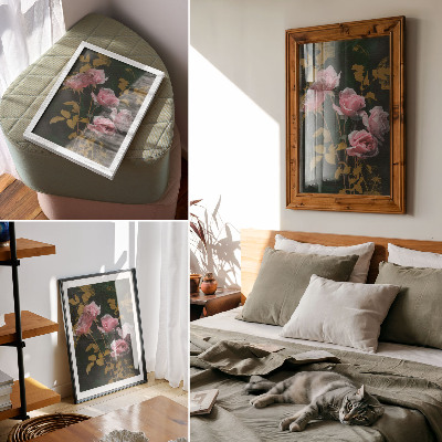 Poster Pink roses green leaves gold accents elegance
