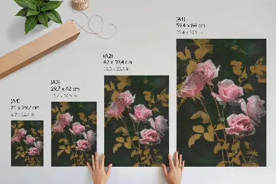 Poster pink roses with green leaves and gold accents