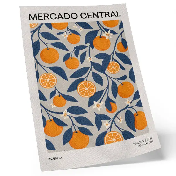 Decorative poster with abstract orange and gray dark leaves in a modern style