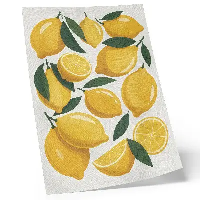 Poster golden lemons with green leaves on a bright background