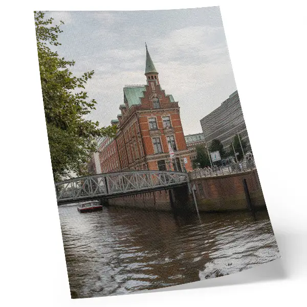 Art print historic building with brick facade and riverside bridge turret