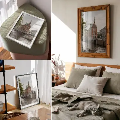 Art print historic building with brick facade and riverside bridge turret