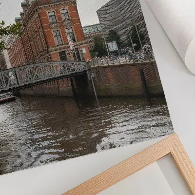 Art print historic building with brick facade and riverside bridge turret