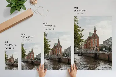Art print historic building with brick facade and riverside bridge turret