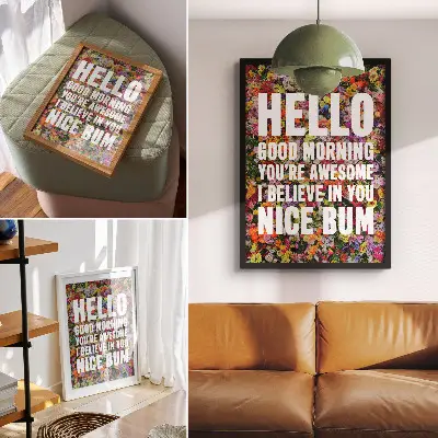 Premium wall art colorful flowers with modern white typography