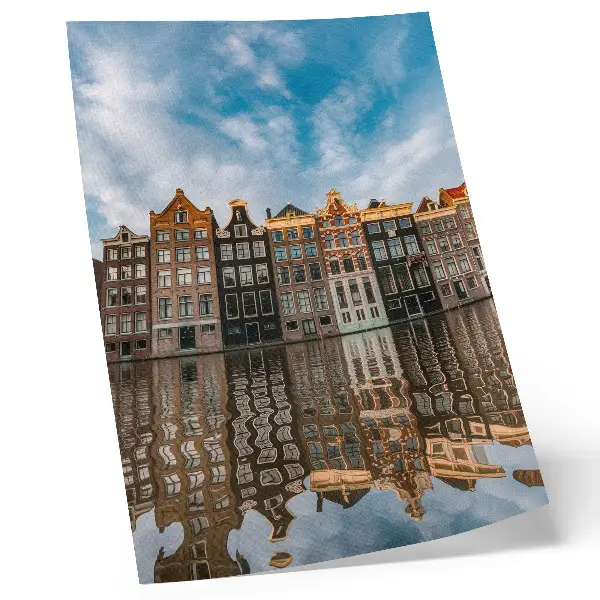 Art print colorful tenement houses reflecting in a canal