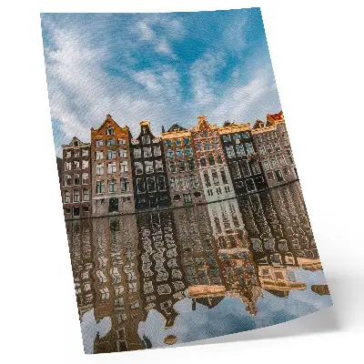 Art print colorful tenement houses reflecting in a canal