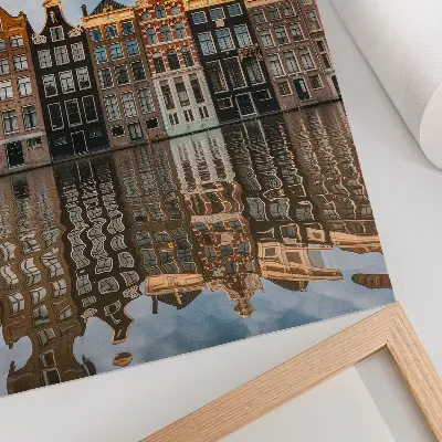 Art print colorful tenement houses reflecting in a canal