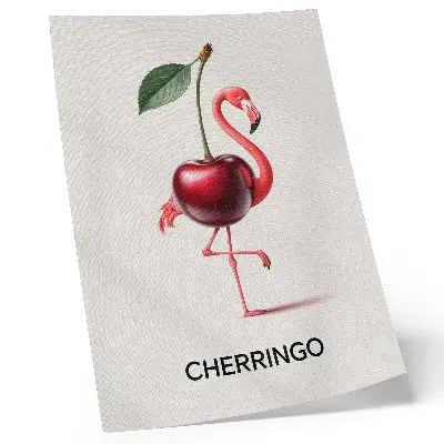 Poster pink and red flamingo with a cherry fantasy composition