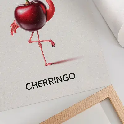 Poster pink and red flamingo with a cherry fantasy composition
