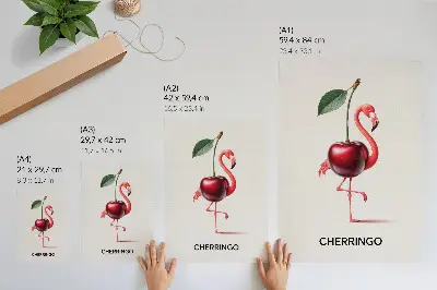 Poster pink and red flamingo with a cherry fantasy composition