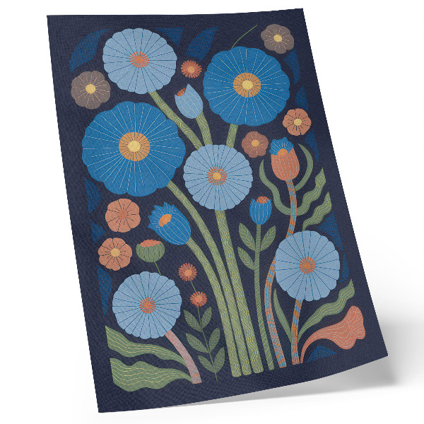 Premium wall art Blue flowers, orange accents, navy blue background