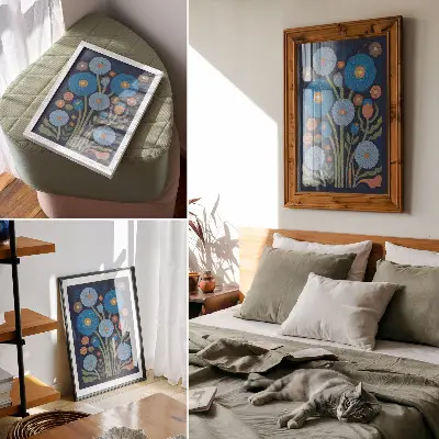 Premium wall art with blue flowers and orange accents on a navy blue background