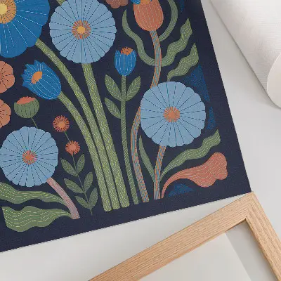 Premium wall art with blue flowers and orange accents on a navy blue background