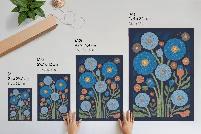 Premium wall art with blue flowers and orange accents on a navy blue background