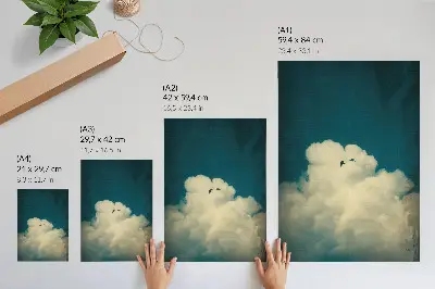 Poster white clouds and two birds in a turquoise sky