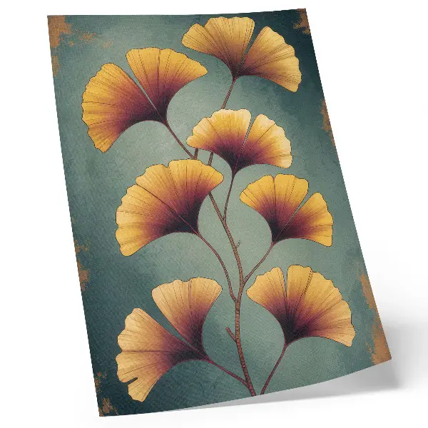 Decorative poster with yellow leaves on a turquoise background featuring a modern vibe