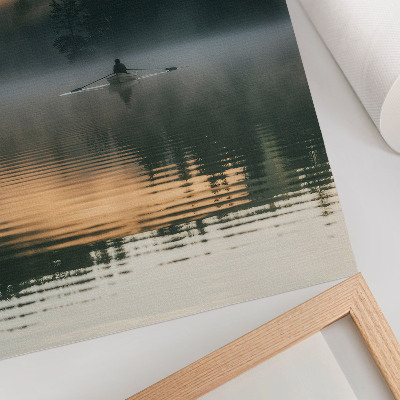 Art print Foggy boat on the lake green trees water reflections