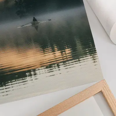 Art print foggy lake scene with a boat and green tree reflections