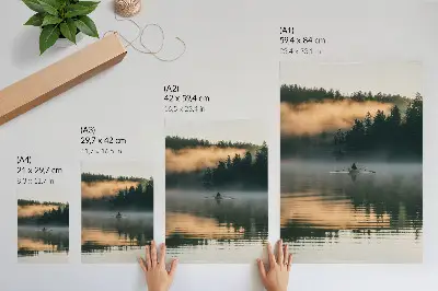 Art print foggy lake scene with a boat and green tree reflections