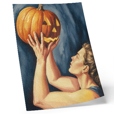 Premium wall art surrealist orange pumpkin on a dark blue background