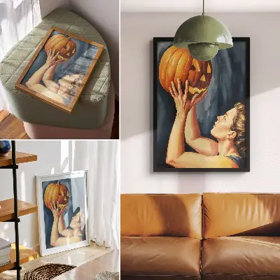 Premium wall art surrealist orange pumpkin on a dark blue background