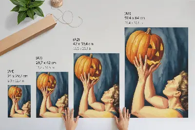Premium wall art surrealist orange pumpkin on a dark blue background