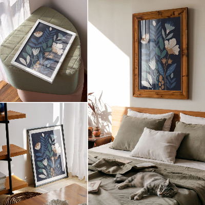 Decorative poster Blue leaves, cream flowers, brown accents