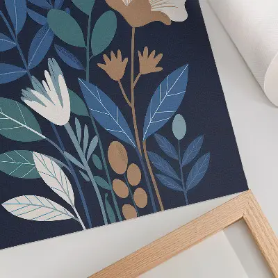 Decorative poster with blue leaves, cream flowers, and brown accents