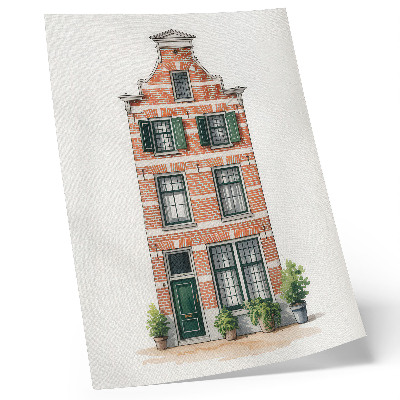 Poster red brick building with green windows featuring classic architecture