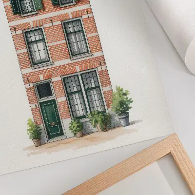 Poster red brick building with green windows featuring classic architecture