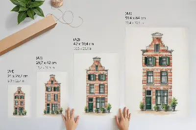 Poster red brick building with green windows featuring classic architecture