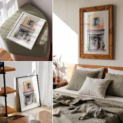 Retro bakery wall art with pastel walls