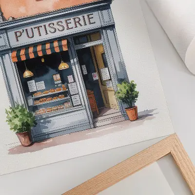 Retro bakery wall art with pastel walls