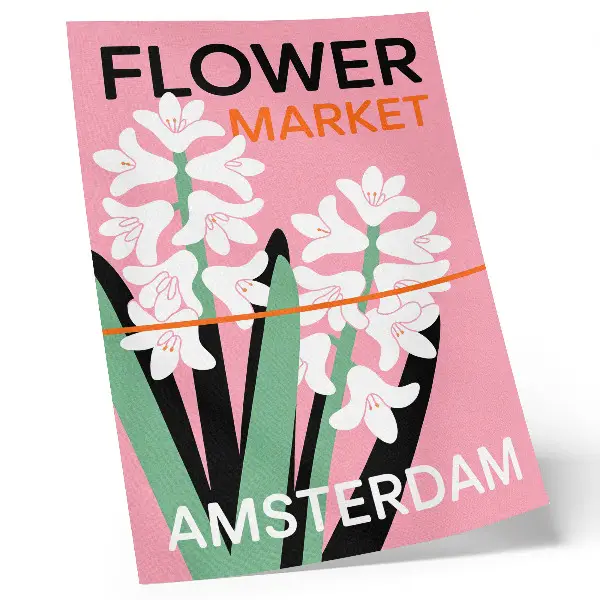 Poster with white flowers, pink lettering, and green accents
